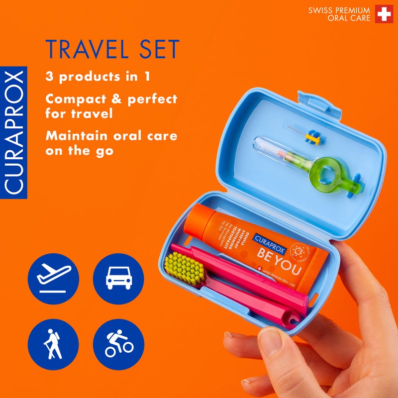CURAPROX Travel Set Blue I Includes CS 5460 Travel Toothbrush, 10ml Be You Toothpaste, CPS Prime 07 & 09 Interdental Brushes I Compact Oral Care Kit for On-the-Go - Image 3